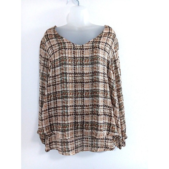 Zac & Rachel Tops - ZAC & RACHEL Blouse Women 2XL Brown Plaid Flowing Long Sleeve Office Lightweight
